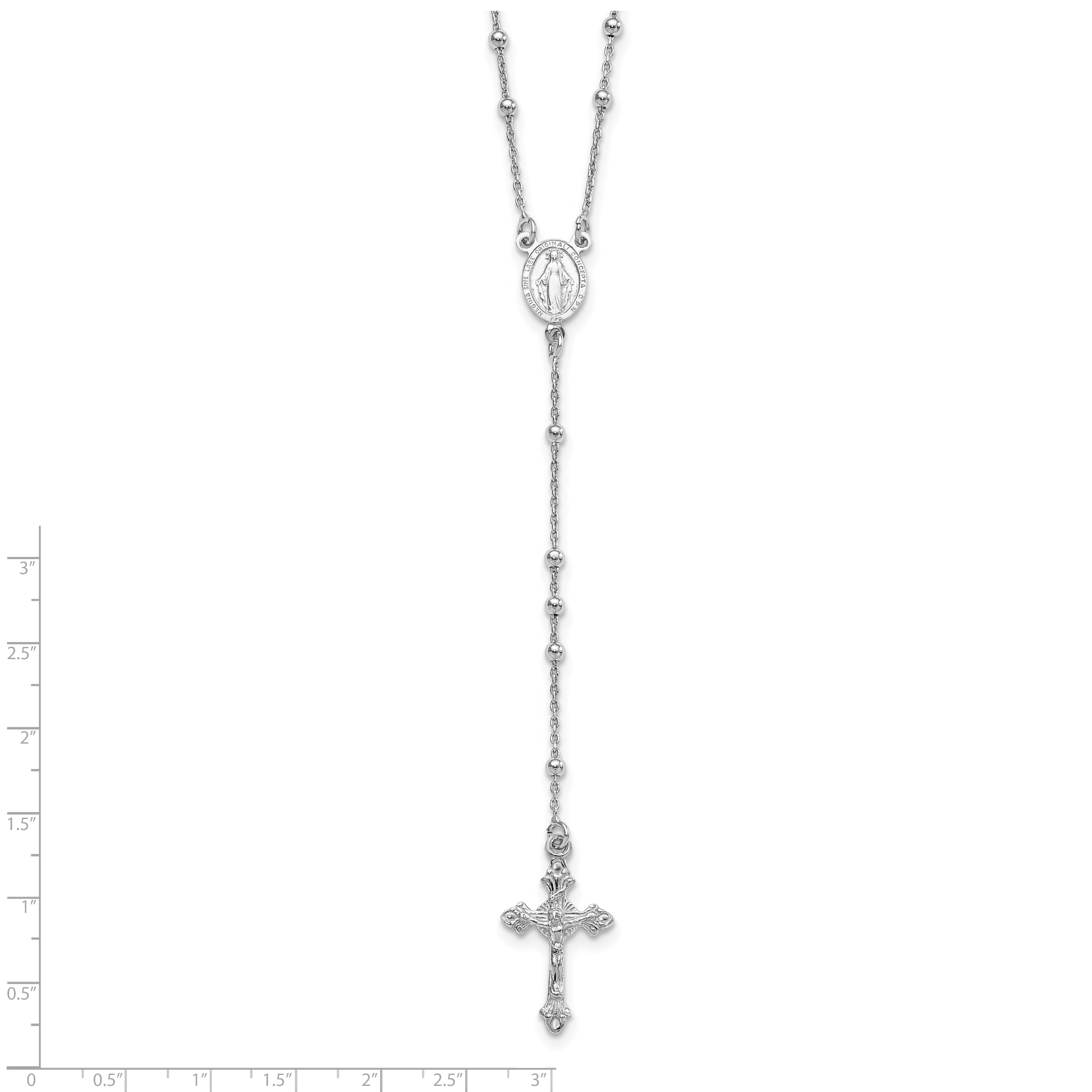 Sterling Silver Rhodium-Plated Polished Beaded Rosary 24 Inch Necklace