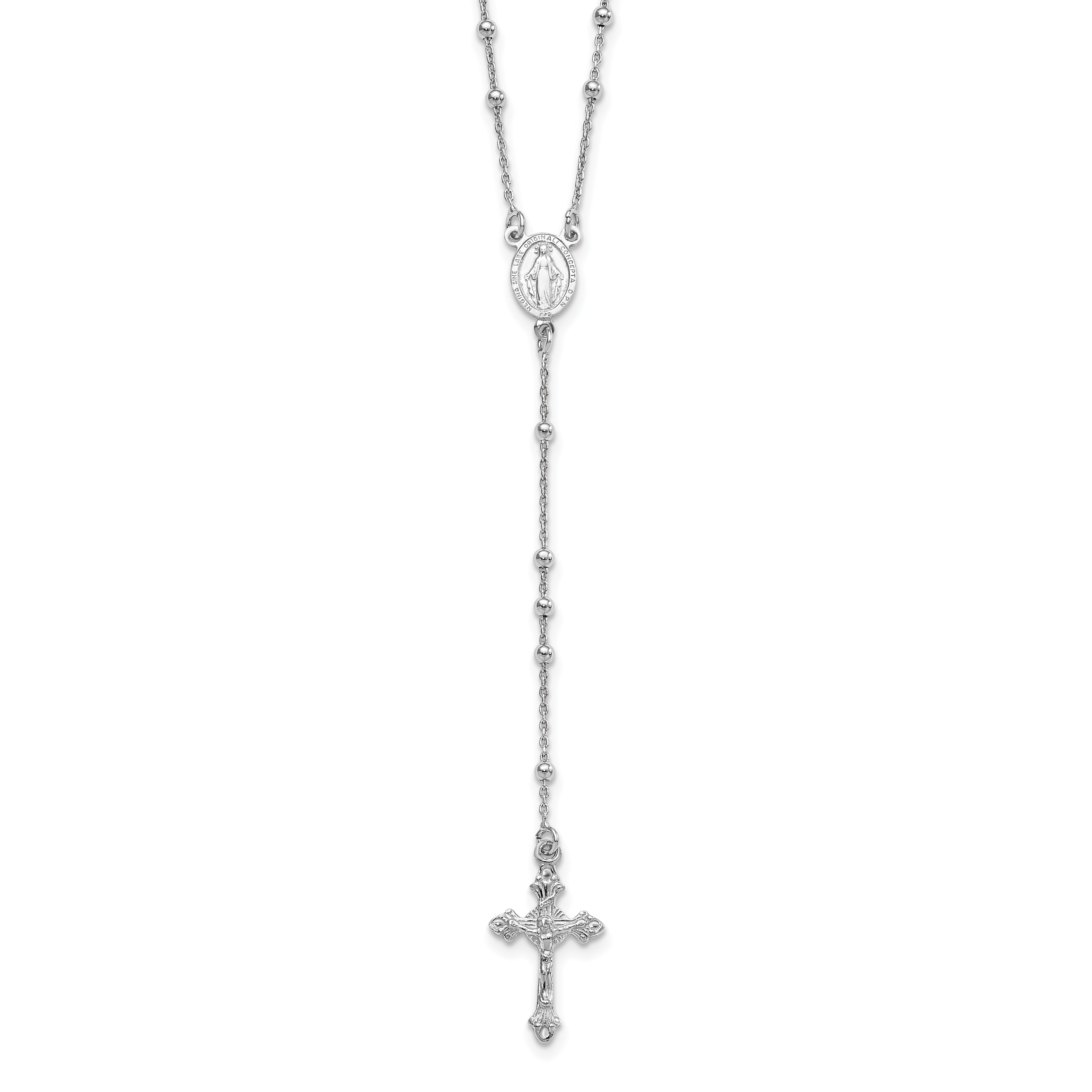 Sterling Silver Rhodium-Plated Polished Beaded Rosary 24 Inch Necklace