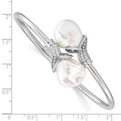 Sterling Silver Ss Rhodium-Plated 16-17mm White Keshi Fwc Pearl Cz Flexible Bangle