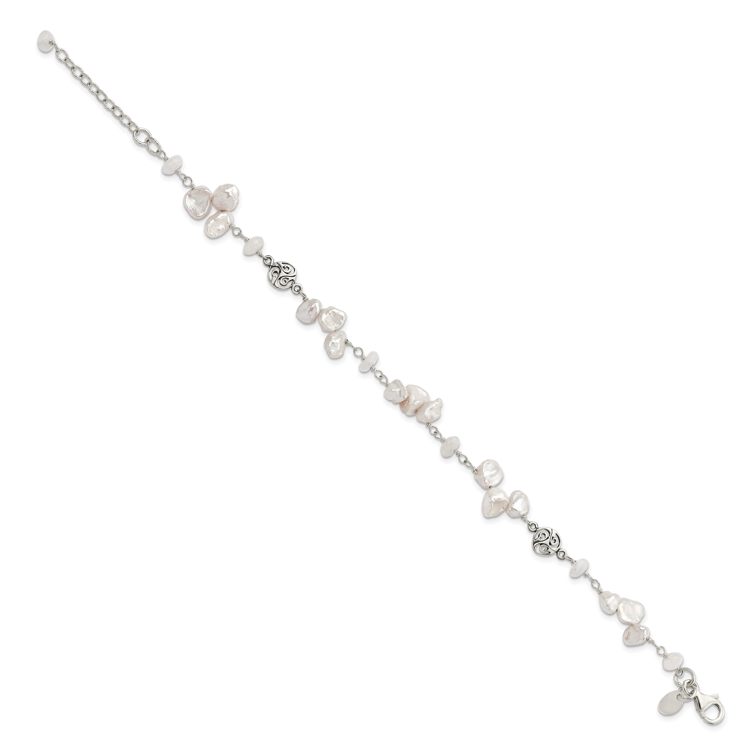 7.5 Inch Sterling Silver Fwc Keshi Pearl W/Moonstone 1In Ext. Fancy Bracelet