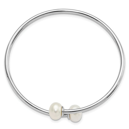 Sterling Silver Rhodium 9-10mm White Fwc Pearl Flexible Cuff Bangle