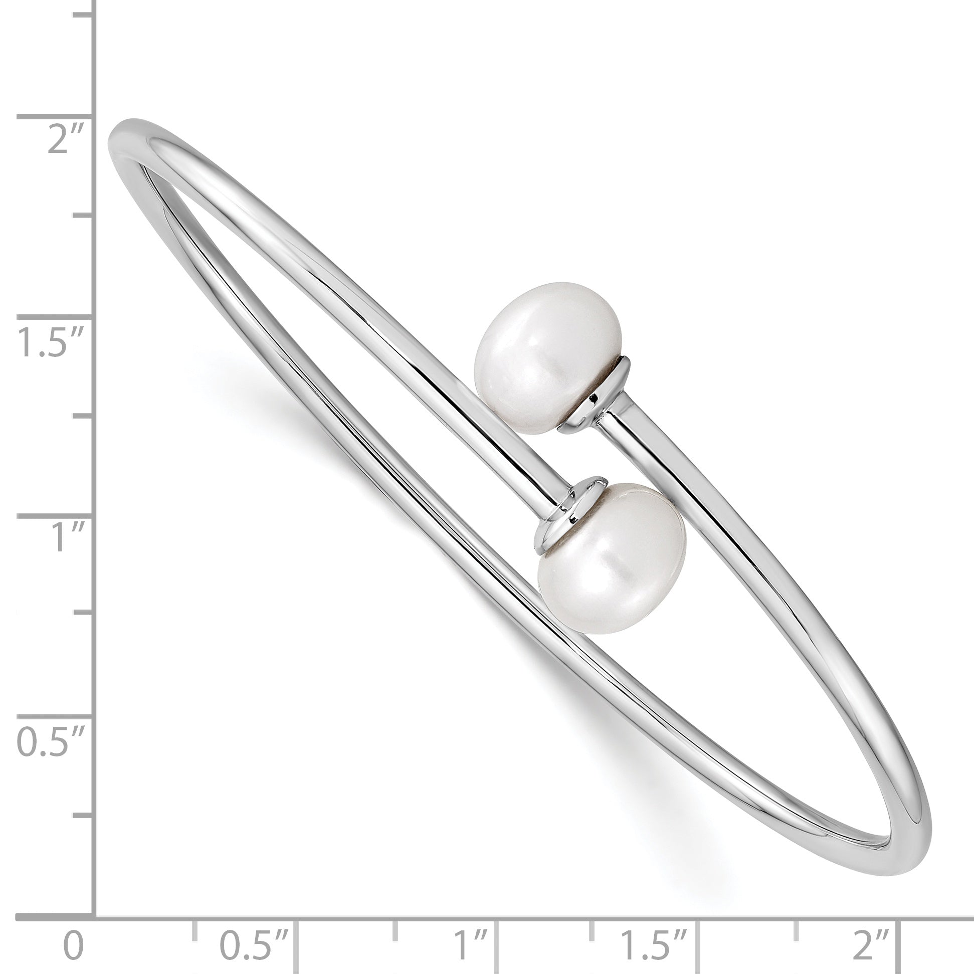 Sterling Silver Rhodium 9-10mm White Fwc Pearl Flexible Cuff Bangle