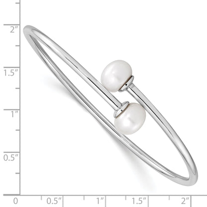 Sterling Silver Rhodium 9-10mm White Fwc Pearl Flexible Cuff Bangle