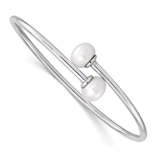 Sterling Silver Rhodium 9-10mm White Fwc Pearl Flexible Cuff Bangle
