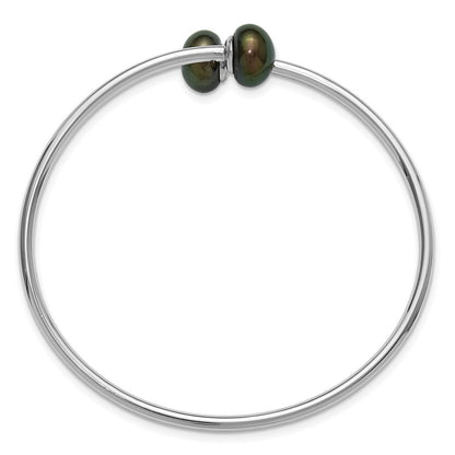Sterling Silver Rhodium Plated 9-10mm Black Button Fwc Flexible Bangle