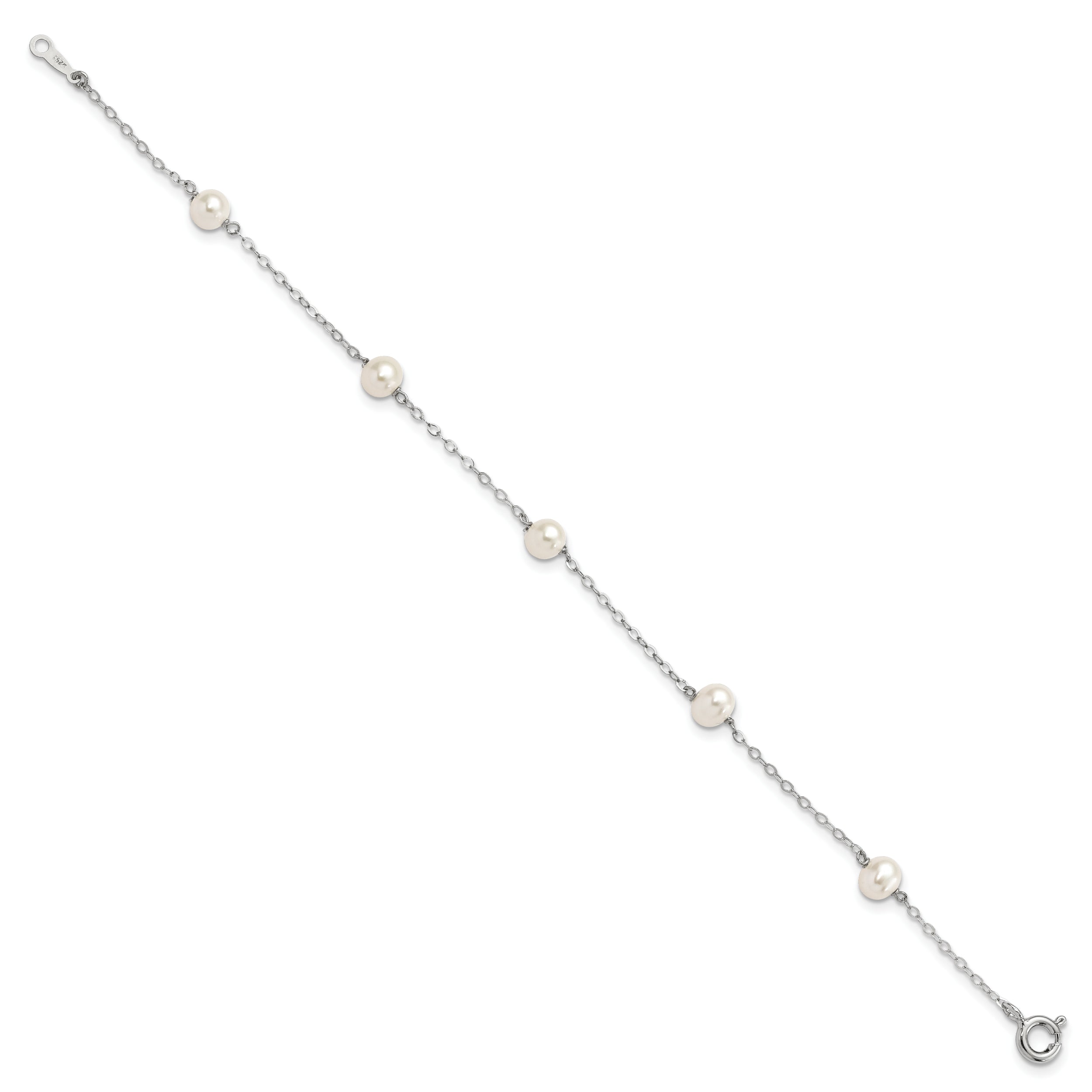 7 Inch Sterling Silver Rh-Plated 4-5mm White Semi Rnd Fwc Pearl 5 Station Bracelet