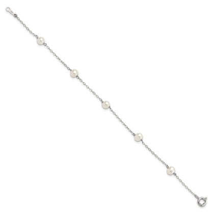 7 Inch Sterling Silver Rh-Plated 4-5mm White Semi Rnd Fwc Pearl 5 Station Bracelet