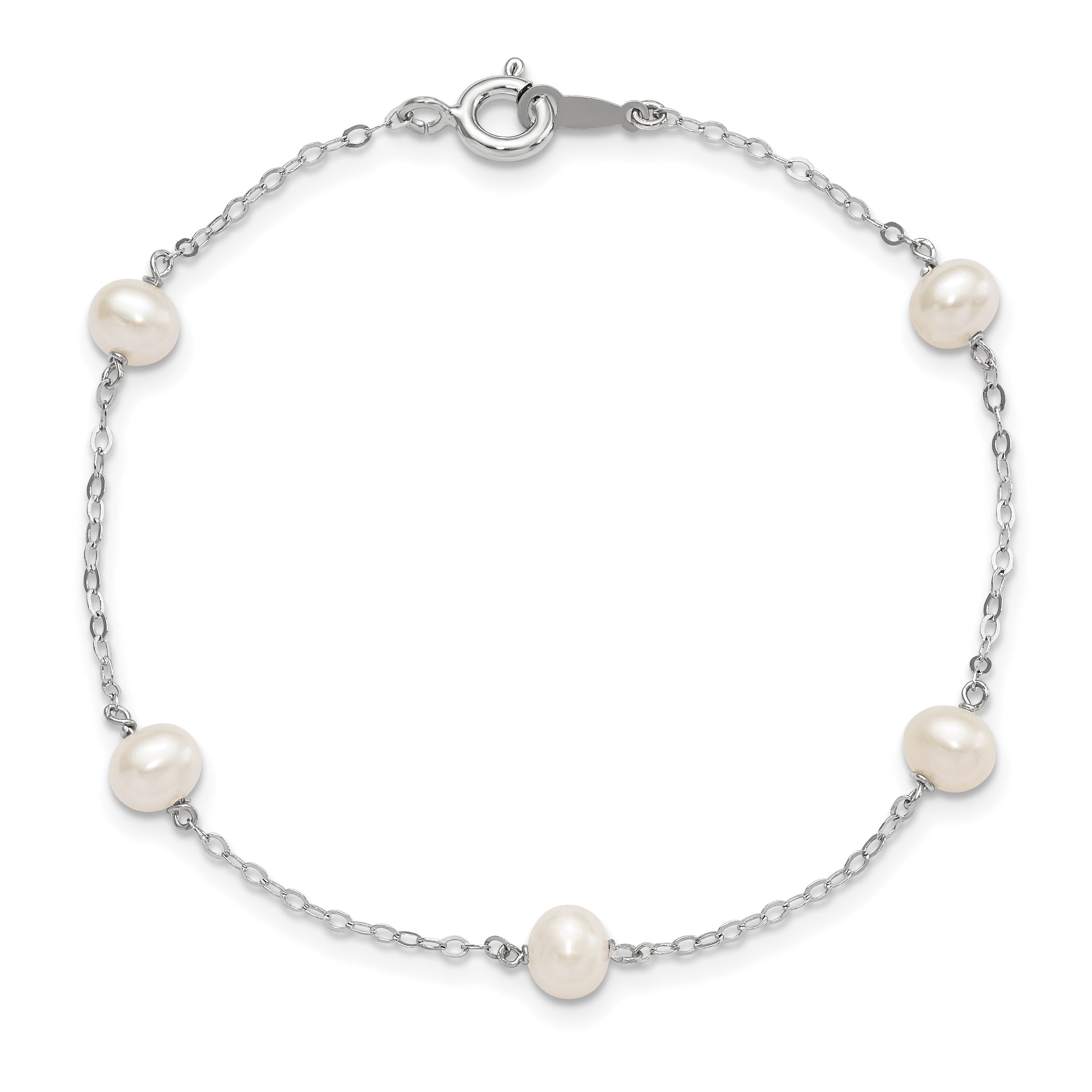 7 Inch Sterling Silver Rh-Plated 4-5mm White Semi Rnd Fwc Pearl 5 Station Bracelet