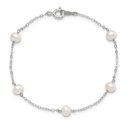 7 Inch Sterling Silver Rh-Plated 4-5mm White Semi Rnd Fwc Pearl 5 Station Bracelet
