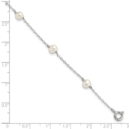 7 Inch Sterling Silver Rh-Plated 4-5mm White Semi Rnd Fwc Pearl 5 Station Bracelet