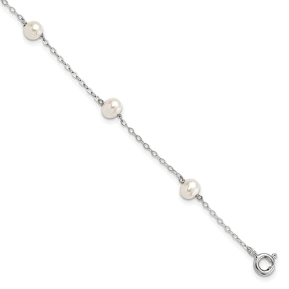 7 Inch Sterling Silver Rh-Plated 4-5mm White Semi Rnd Fwc Pearl 5 Station Bracelet