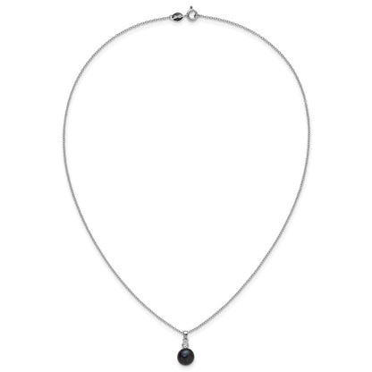 Sterling Silver Rhod Black Fwc Pearl & CZ 17in Necklace/earring Set