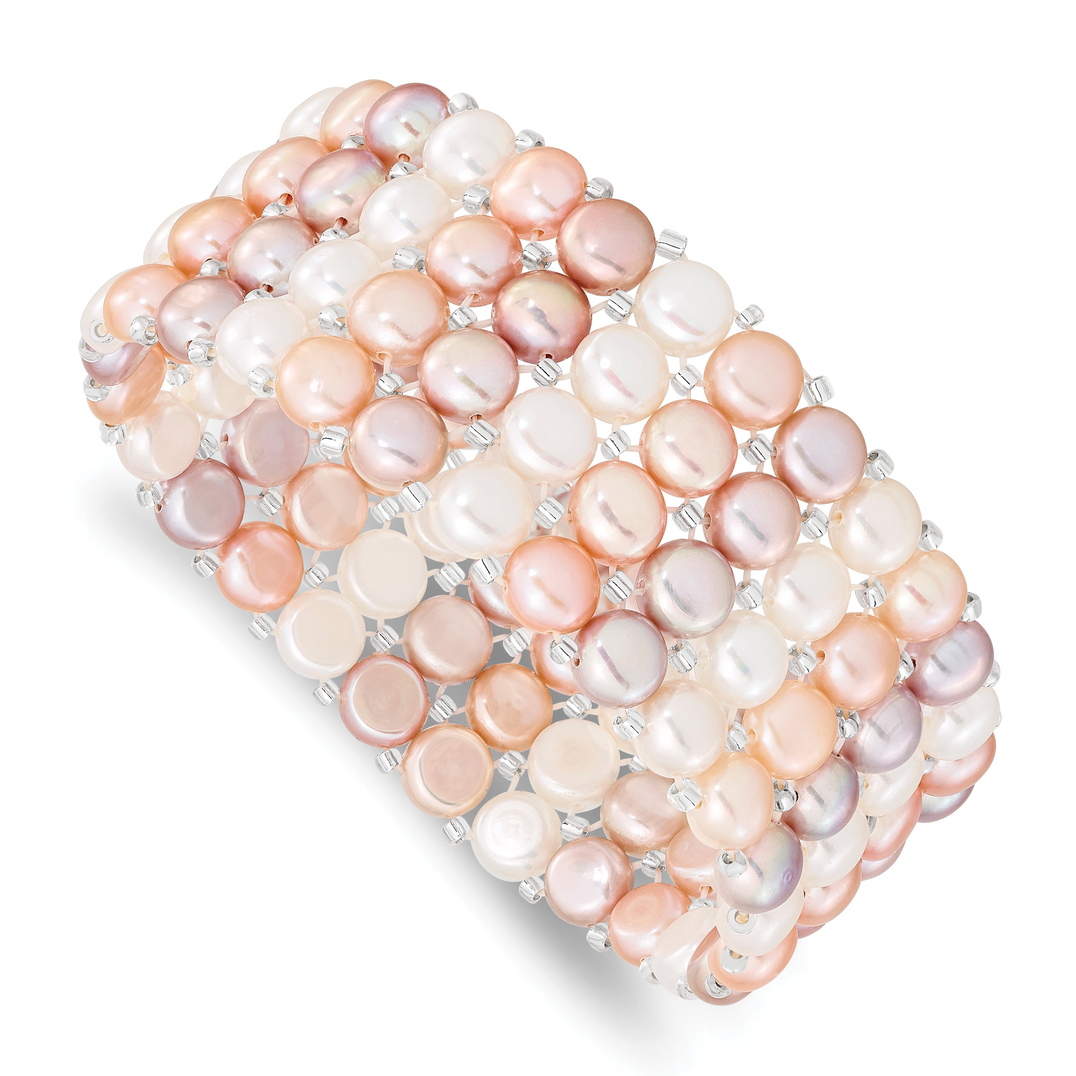 7 Inch 6-7mm White/Pink/Purple Button Freshwater Cultured Pearl And Glass Beaded 4-Row Stretch Bracelet