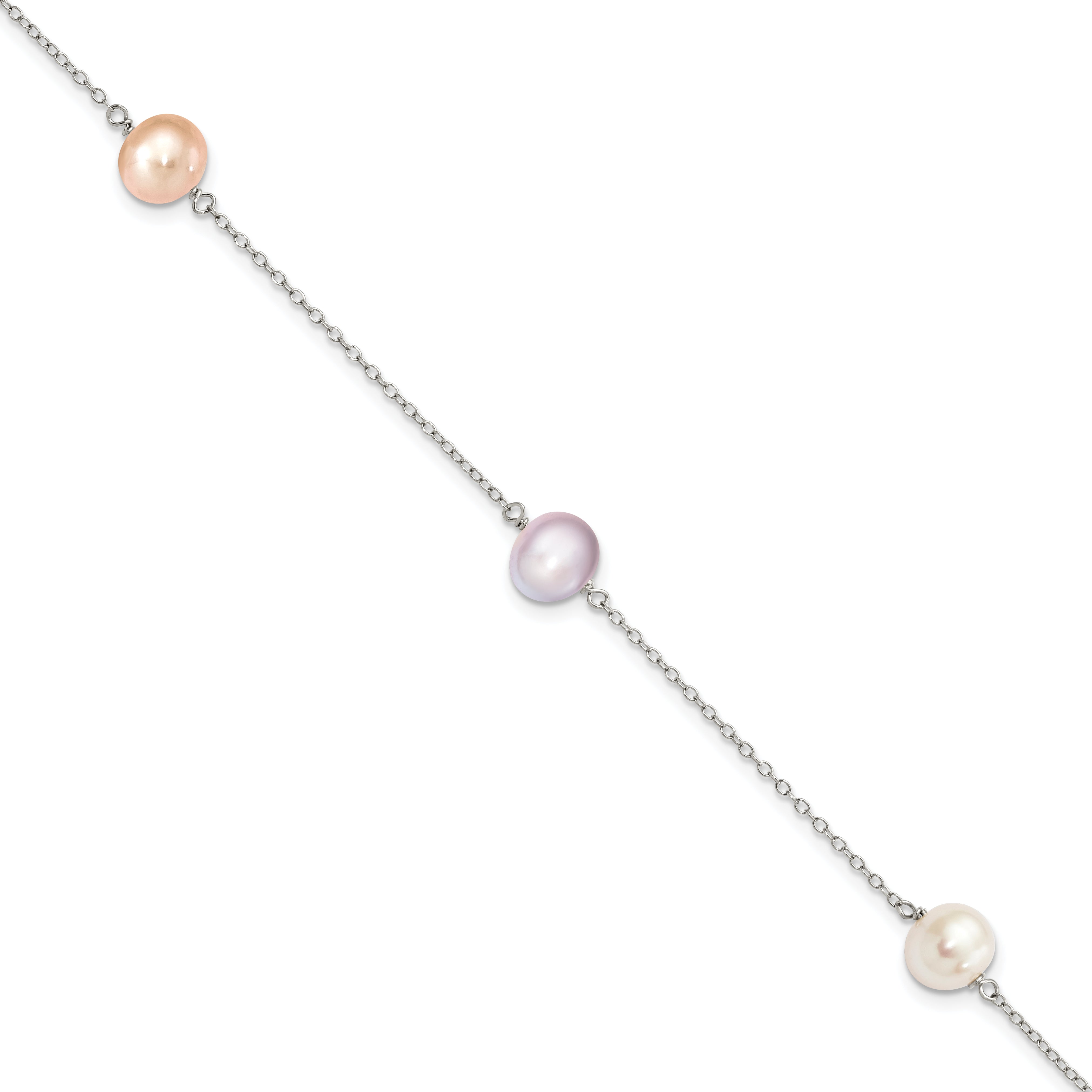 7.5 Inch Sterling Silver Rh-P 3-Stat 7-8M Wht/Pink/Pur Semi-Round Fwc Pearl Bracelet