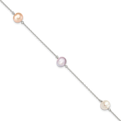 7.5 Inch Sterling Silver Rh-P 3-Stat 7-8M Wht/Pink/Pur Semi-Round Fwc Pearl Bracelet