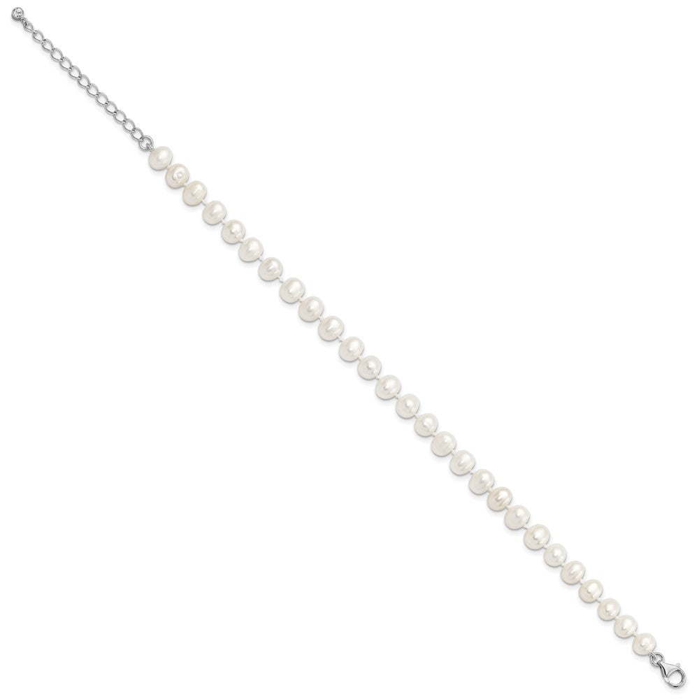 Sterling Silver Rh-Plated 7-8mm Fwc Pearl Cz W/2In Ext Anklet