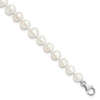 Sterling Silver Rh-Plated 7-8mm Fwc Pearl Cz W/2In Ext Anklet