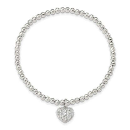 7 Inch Sterling Silver Cz Heart Stretch Bracelet