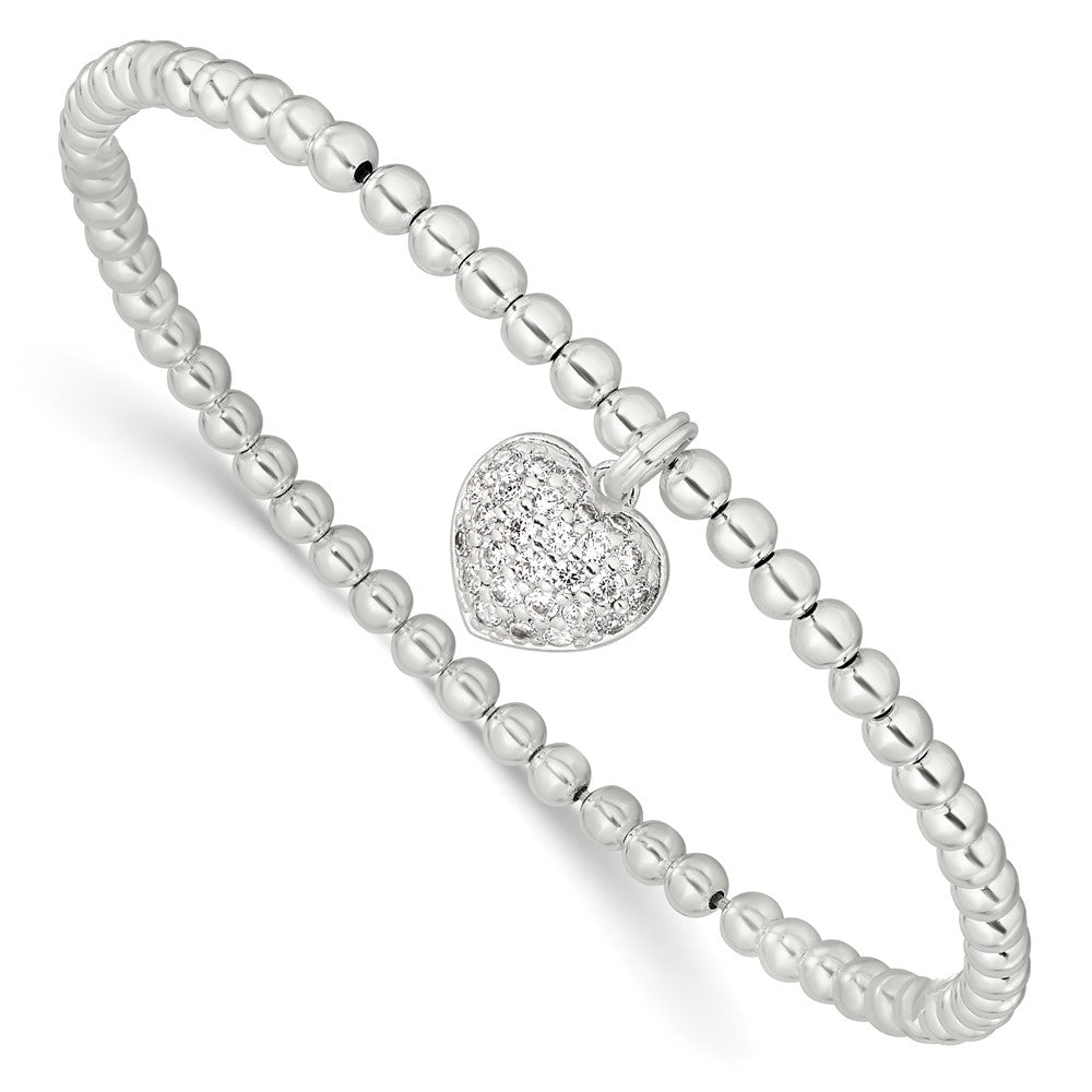 7 Inch Sterling Silver Cz Heart Stretch Bracelet