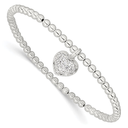 7 Inch Sterling Silver Cz Heart Stretch Bracelet