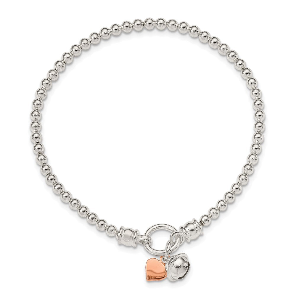 7 Inch Sterling Silver Rose -Tone Heart And Bell Stretch Bracelet