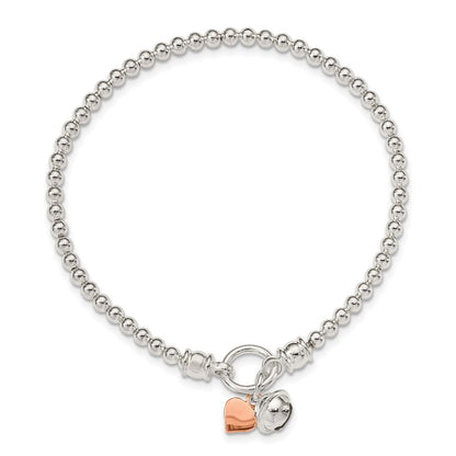 7 Inch Sterling Silver Rose -Tone Heart And Bell Stretch Bracelet