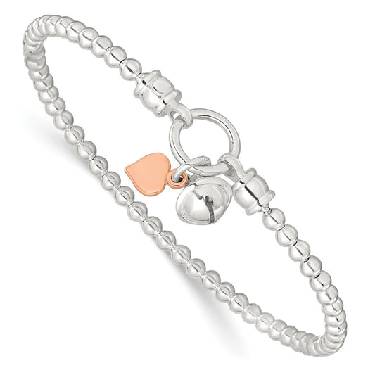 7 Inch Sterling Silver Rose -Tone Heart And Bell Stretch Bracelet