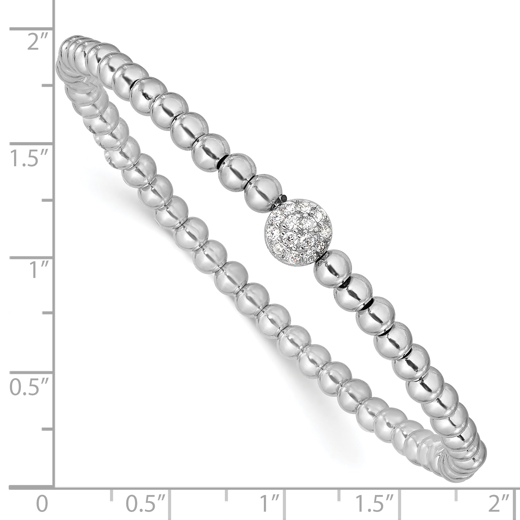 7 Inch Sterling Silver Rhodium-Plated Polished Beaded Cz Stretch Bracelet