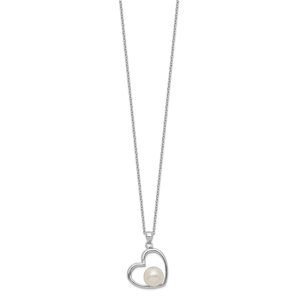 Sterling Silver Rhodium-Plated Polished Open Heart With 7-8mm White Button Freshwater Cultuted Pearl 17 Inch Necklace