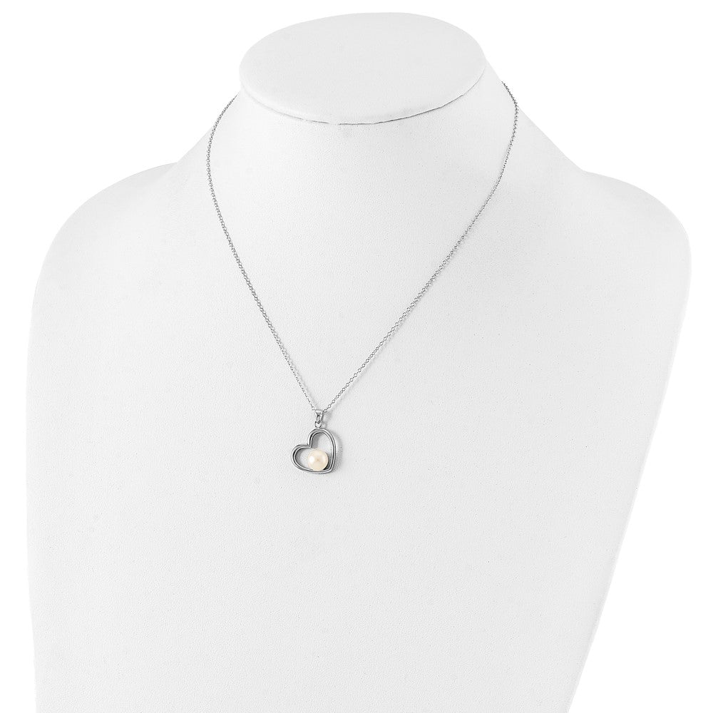 Sterling Silver Rhodium-Plated Polished Open Heart With 7-8mm White Button Freshwater Cultuted Pearl 17 Inch Necklace