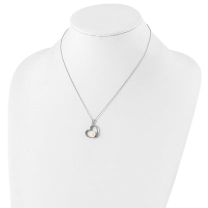 Sterling Silver Rhodium-Plated Polished Open Heart With 7-8mm White Button Freshwater Cultuted Pearl 17 Inch Necklace