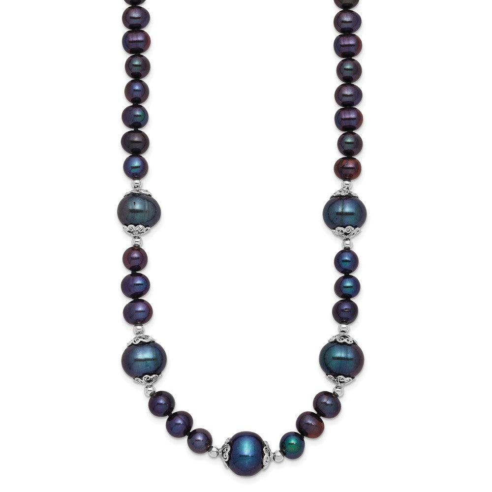 Sterling Silver Rhodium Plated 6-9mm Black Fwc Pearl 5-station Necklace