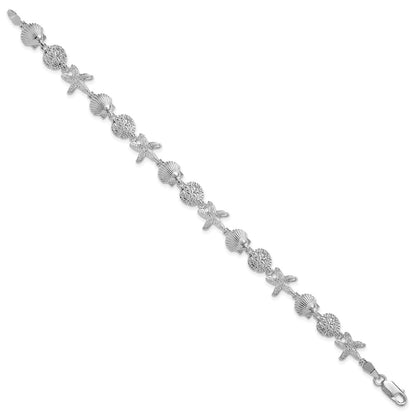 7.25 Inch De-Ani Sterling Silver Rhodium-Plated Polished Sand Dollar / Shell Starfish Bracelet