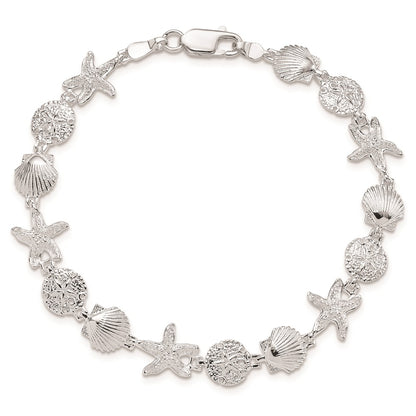 7.25 Inch De-Ani Sterling Silver Rhodium-Plated Polished Sand Dollar / Shell Starfish Bracelet