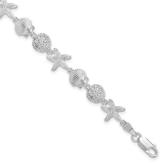 7.25 Inch De-Ani Sterling Silver Rhodium-Plated Polished Sand Dollar / Shell Starfish Bracelet