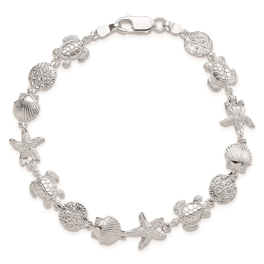 Sterling Silver De-Ani Rhodium-Plated Polished And Textured Sea Life 7.25 Inch Bracelet