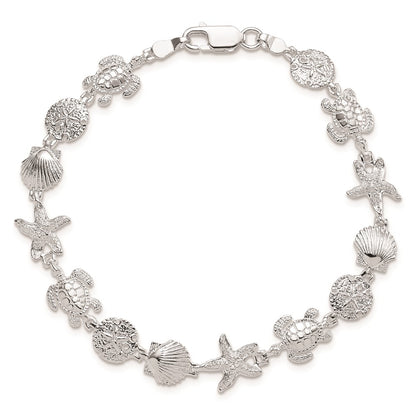 Sterling Silver De-Ani Rhodium-Plated Polished And Textured Sea Life 7.25 Inch Bracelet