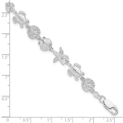 Sterling Silver De-Ani Rhodium-Plated Polished And Textured Sea Life 7.25 Inch Bracelet
