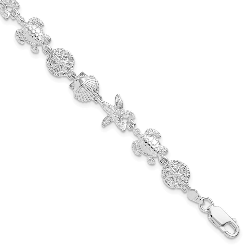 Sterling Silver De-Ani Rhodium-Plated Polished And Textured Sea Life 7.25 Inch Bracelet
