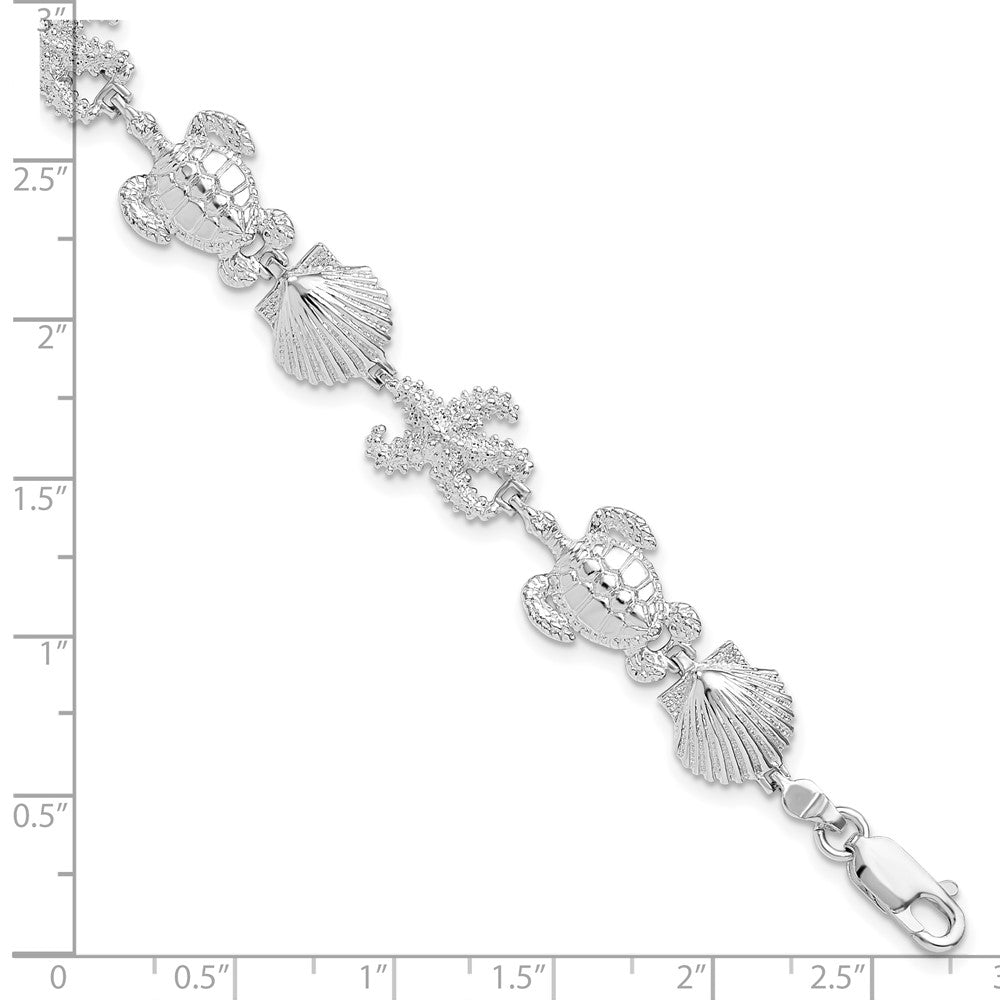 7.5 Inch De-Ani Sterling Silver Rhodium-Plated Polished Turtle / Shell Starfish Bracelet