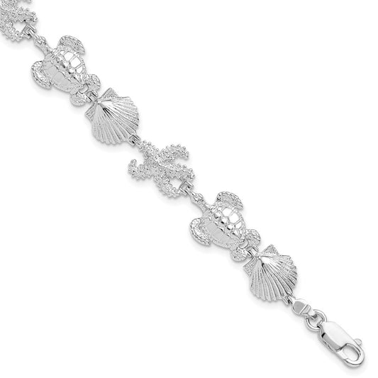 7.5 Inch De-Ani Sterling Silver Rhodium-Plated Polished Turtle / Shell Starfish Bracelet