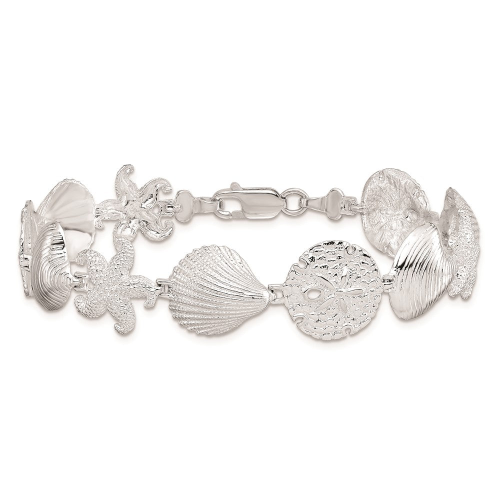 7.25 Inch De-Ani Sterling Silver Rhodium-Plated Polished Turtle / Shell Starfish Clam Bracelet