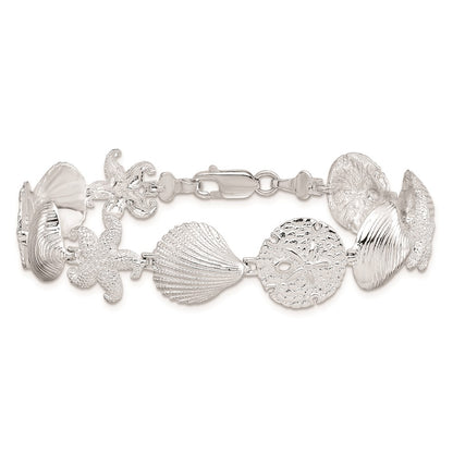 7.25 Inch De-Ani Sterling Silver Rhodium-Plated Polished Turtle / Shell Starfish Clam Bracelet