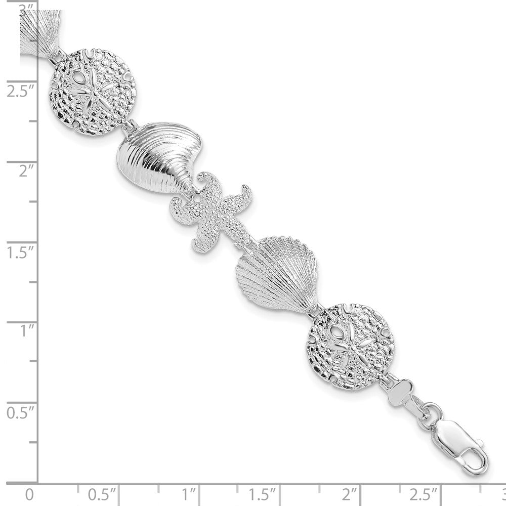 7.25 Inch De-Ani Sterling Silver Rhodium-Plated Polished Turtle / Shell Starfish Clam Bracelet