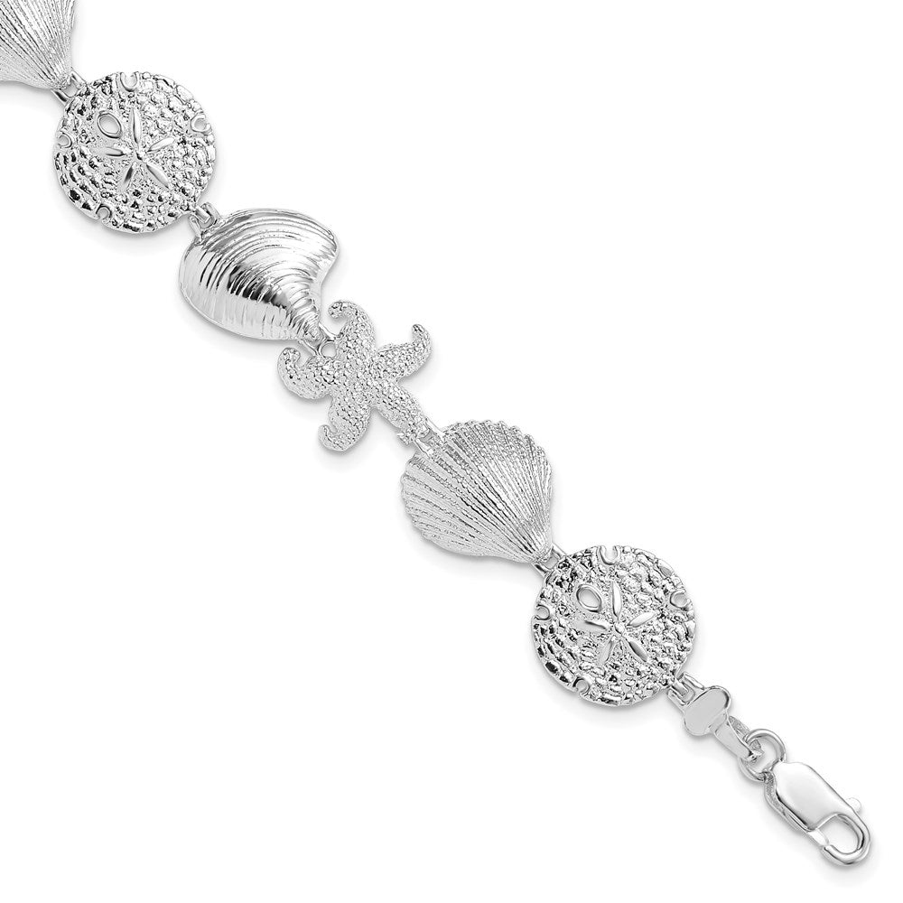 7.25 Inch De-Ani Sterling Silver Rhodium-Plated Polished Turtle / Shell Starfish Clam Bracelet