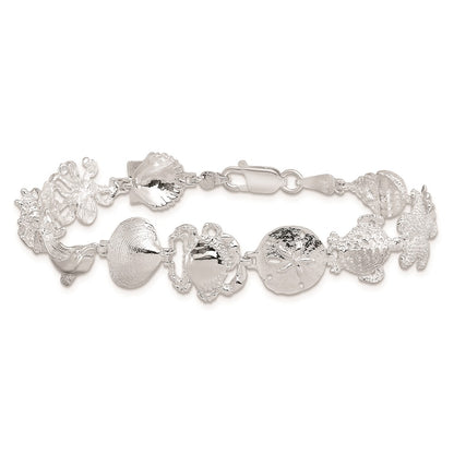 7.25 Inch De-Ani Sterling Silver Rhodium-Plated Polished Multi-Shell And Sealife Bracelet
