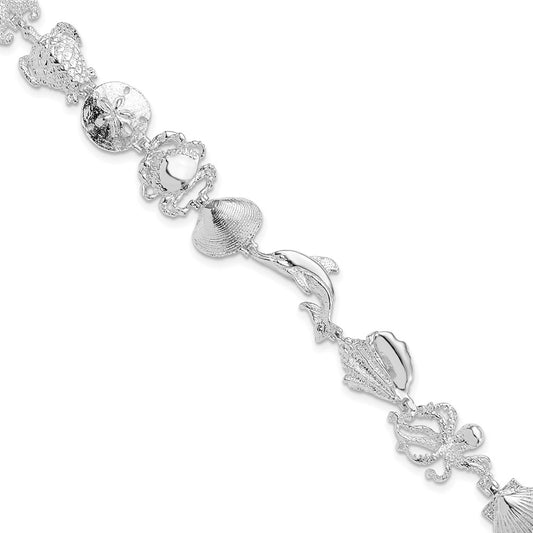 7.25 Inch De-Ani Sterling Silver Rhodium-Plated Polished Multi-Shell And Sealife Bracelet