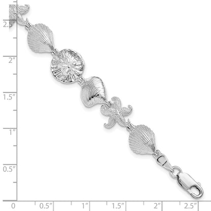 7 Inch De-Ani Sterling Silver Rhodium-Plated Polished Starfish / Shells Sand Dollar Bracelet
