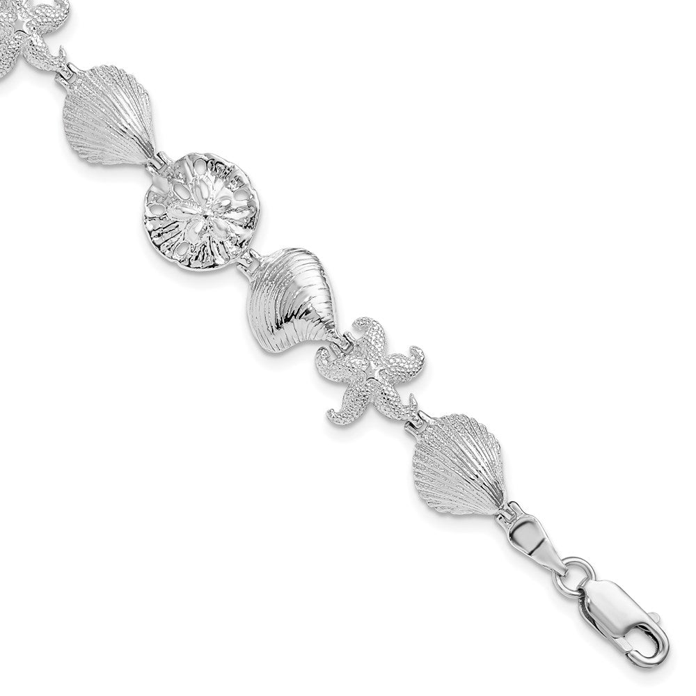 7 Inch De-Ani Sterling Silver Rhodium-Plated Polished Starfish / Shells Sand Dollar Bracelet