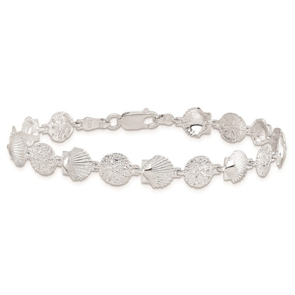 Sterling Silver De-Ani Rhodium-Plated Polished Sand Dollar And Shell 7.25 Inch Bracelet